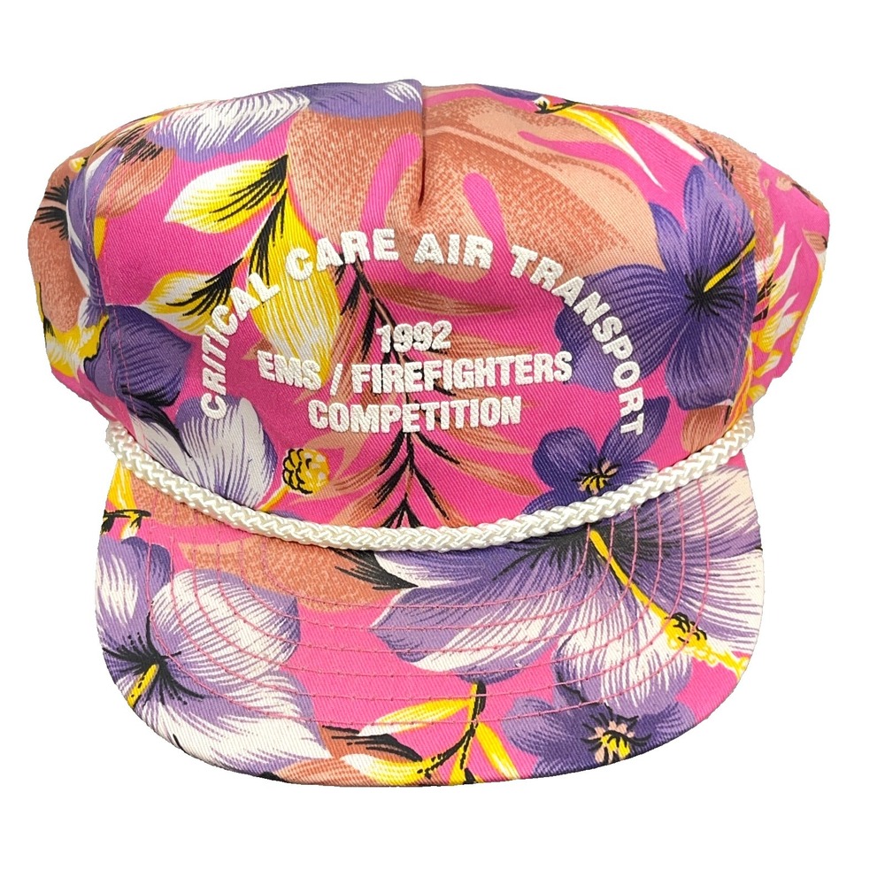 Vintage‎ Floral Trucker Hat Cap Snapback Pink Purple Rope 90s Y2K Hawaiian Beach